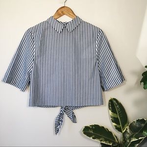 Zara Striped Button Down Tie Boxy Short Sleeve Top